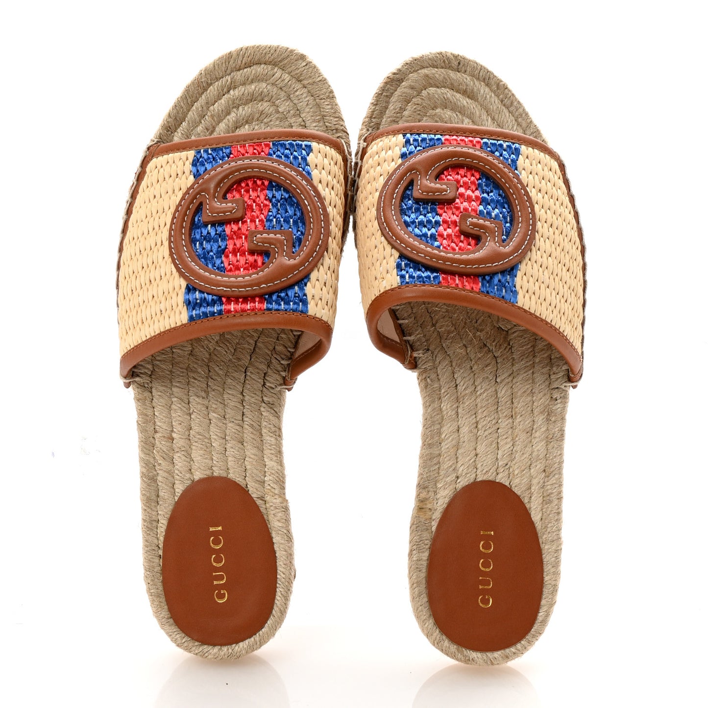 Raffia Interlocking G Flat Slide Espadrille Sandals 38.5 Natural Harness Brown