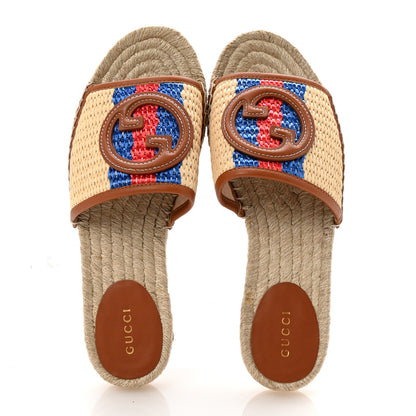 Gucci Raffia Interlocking G Flat Slide Espadrille Sandals 38.5 Natural Harness Brown 2 of 10