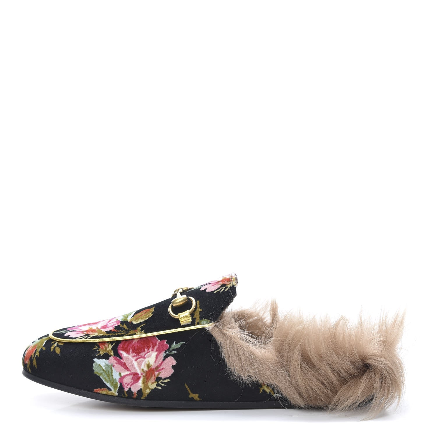 Gucci Velvet Fur Floral Womens Princetown Slippers 35.5 Black 1 of 8