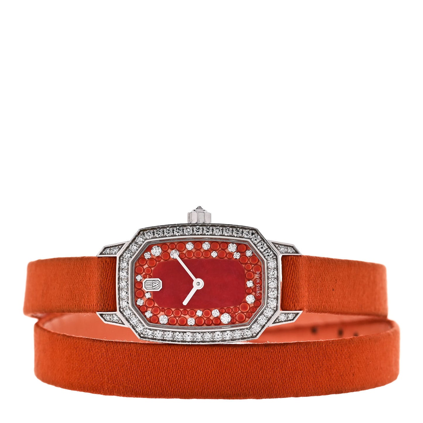 18K White Gold Satin Diamond Bezel 17mm Emerald Quartz Watch Orange