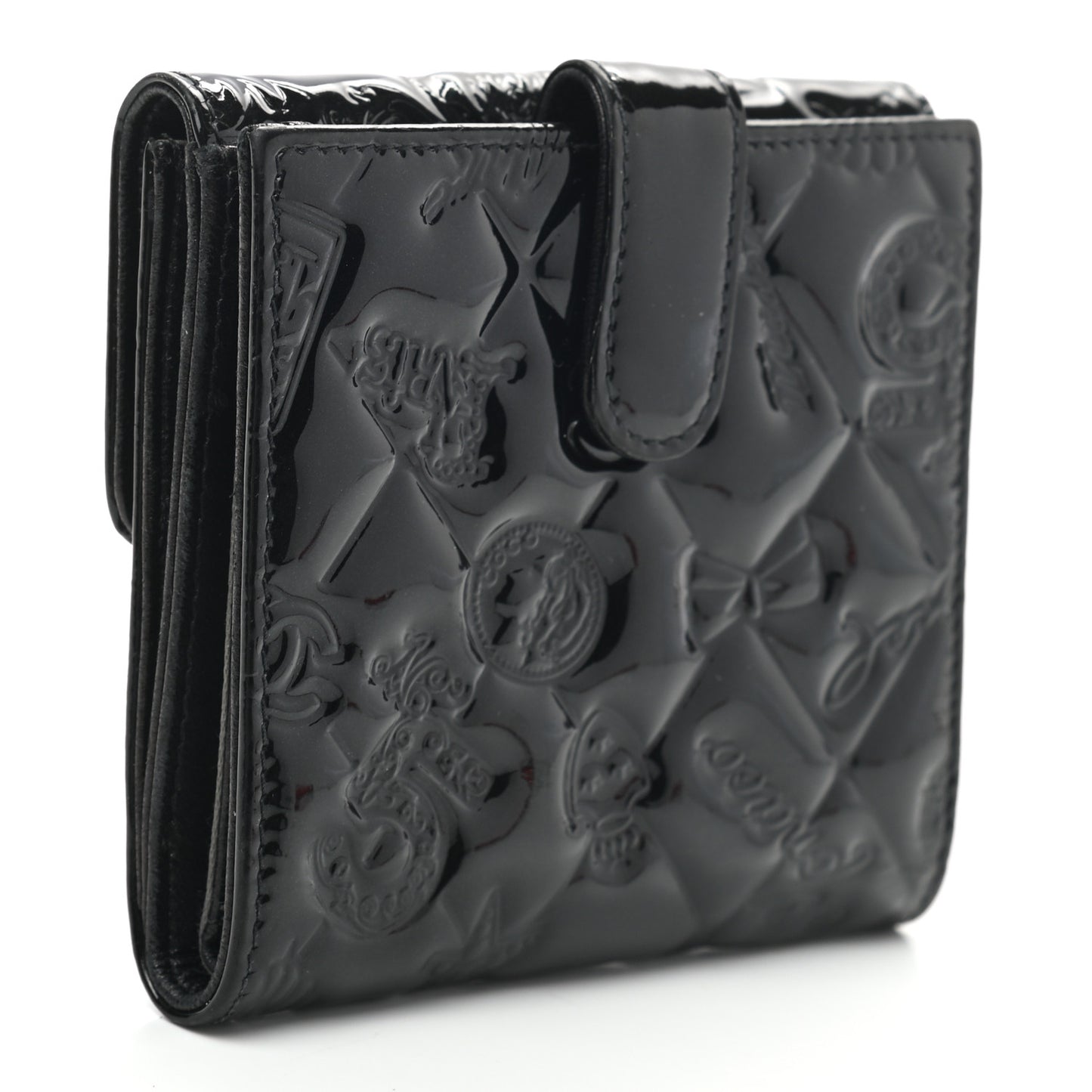 Patent Calfskin Lucky Symbols Compact French Flap Wallet Black