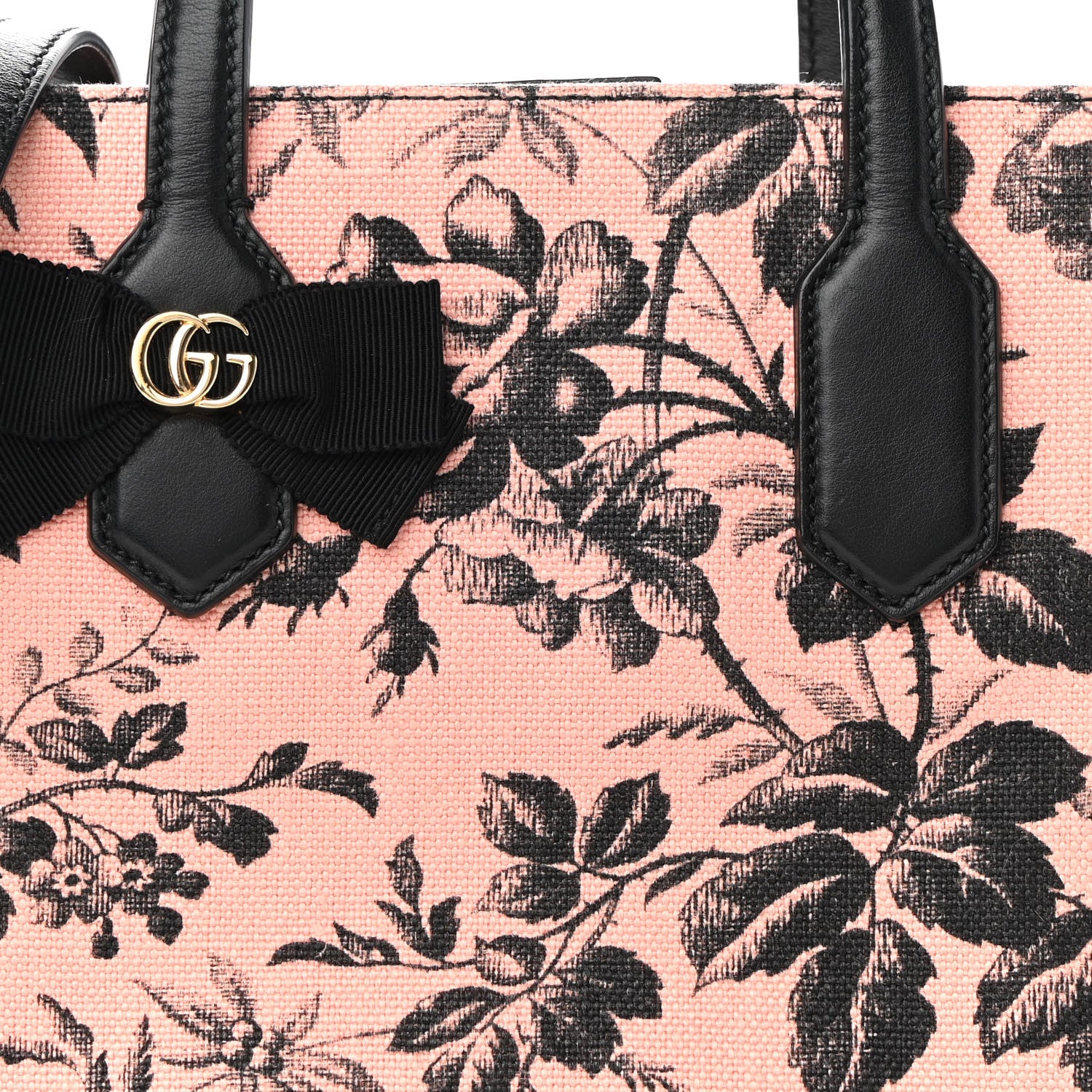 Gucci Canvas Herbarium Print Ribbon Top Handle Bag Pink Black 8 of 9
