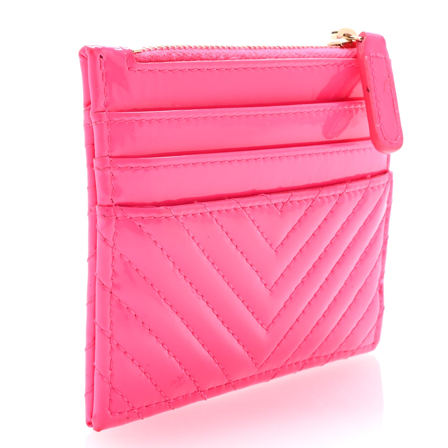 Patent Chevron Quilted Boy Zip Card Holder Neon Pink