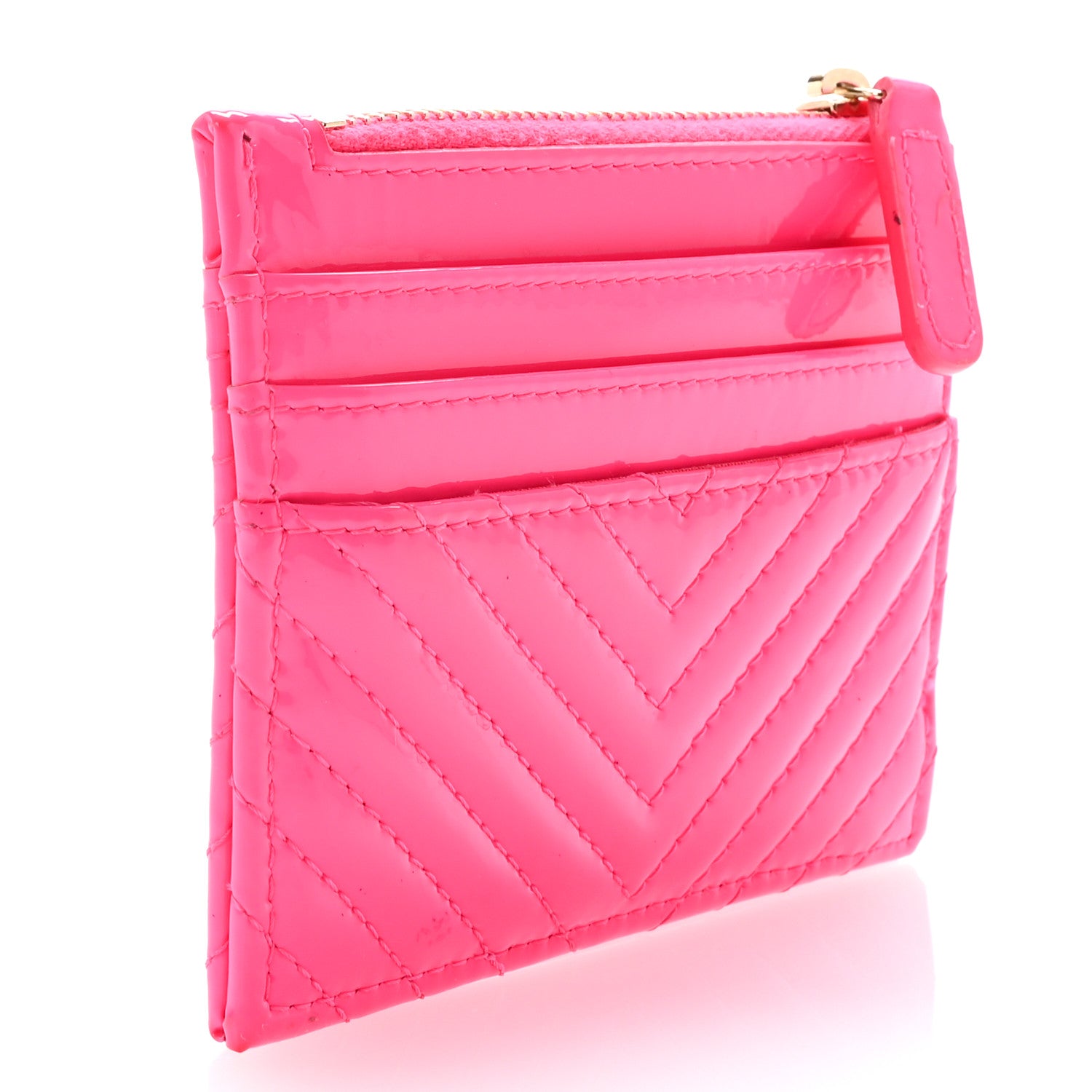 Chanel Patent Chevron Quilted Boy Zip Card Holder Neon Pink 3 of 7