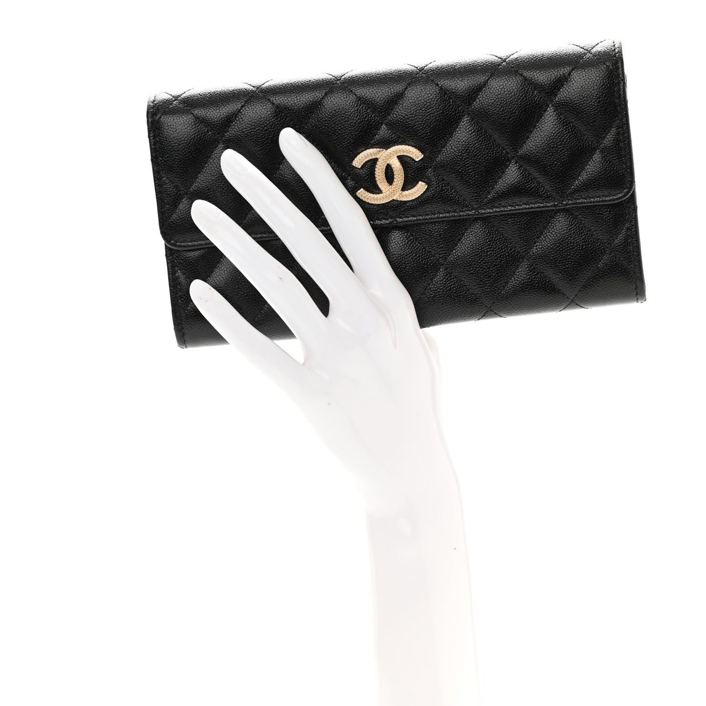 Caviar Quilted Studded CC Large Gusset Flap Wallet Black
