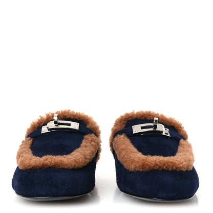 Hermes Suede Goatskin Woolskin Womens Oz Mules 36 Marine Gold 3 of 9
