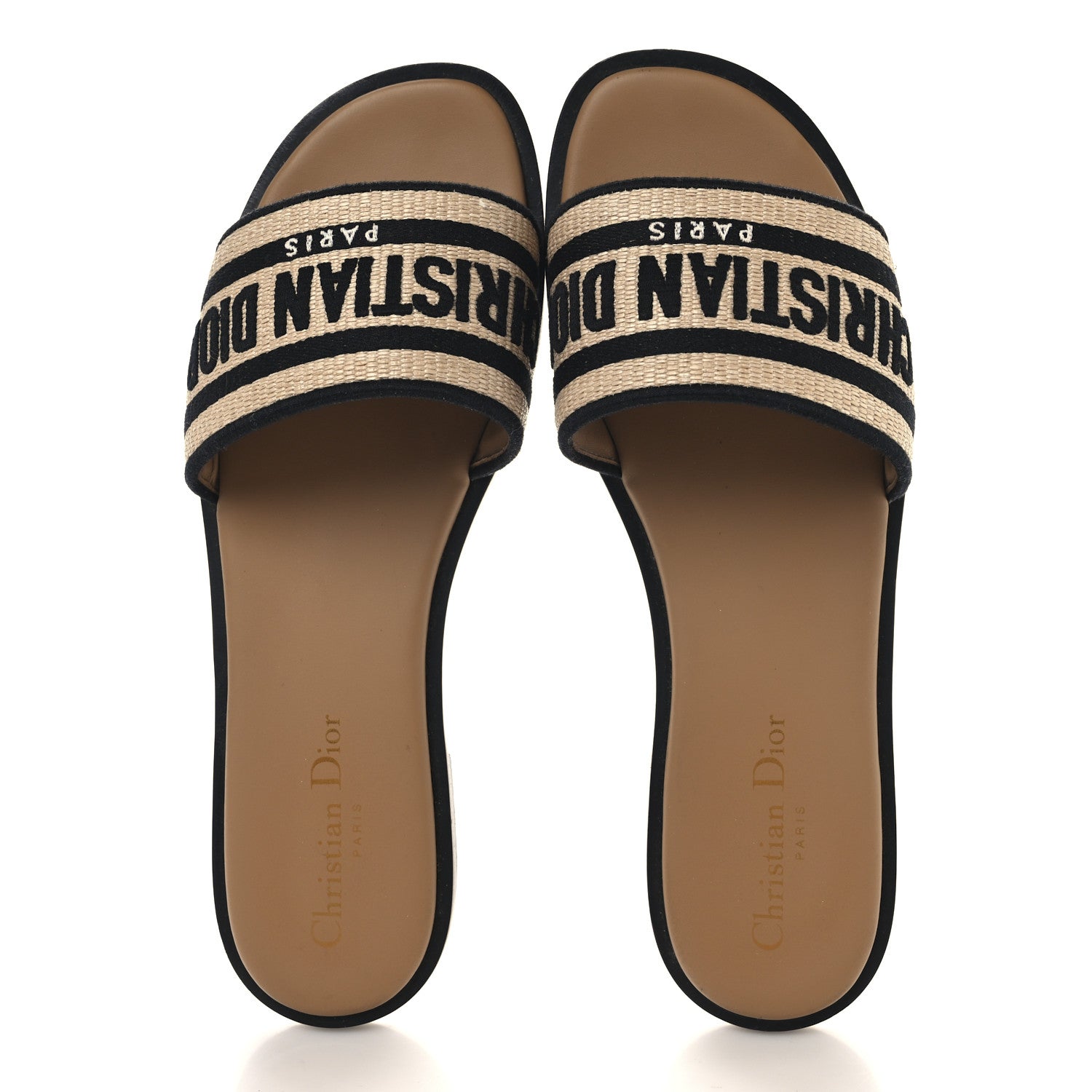 Christian Dior ビーチサンダル ベージュ/ブラック Christian Dior Straw Embroidered Dway Flat Slide Sandals 39