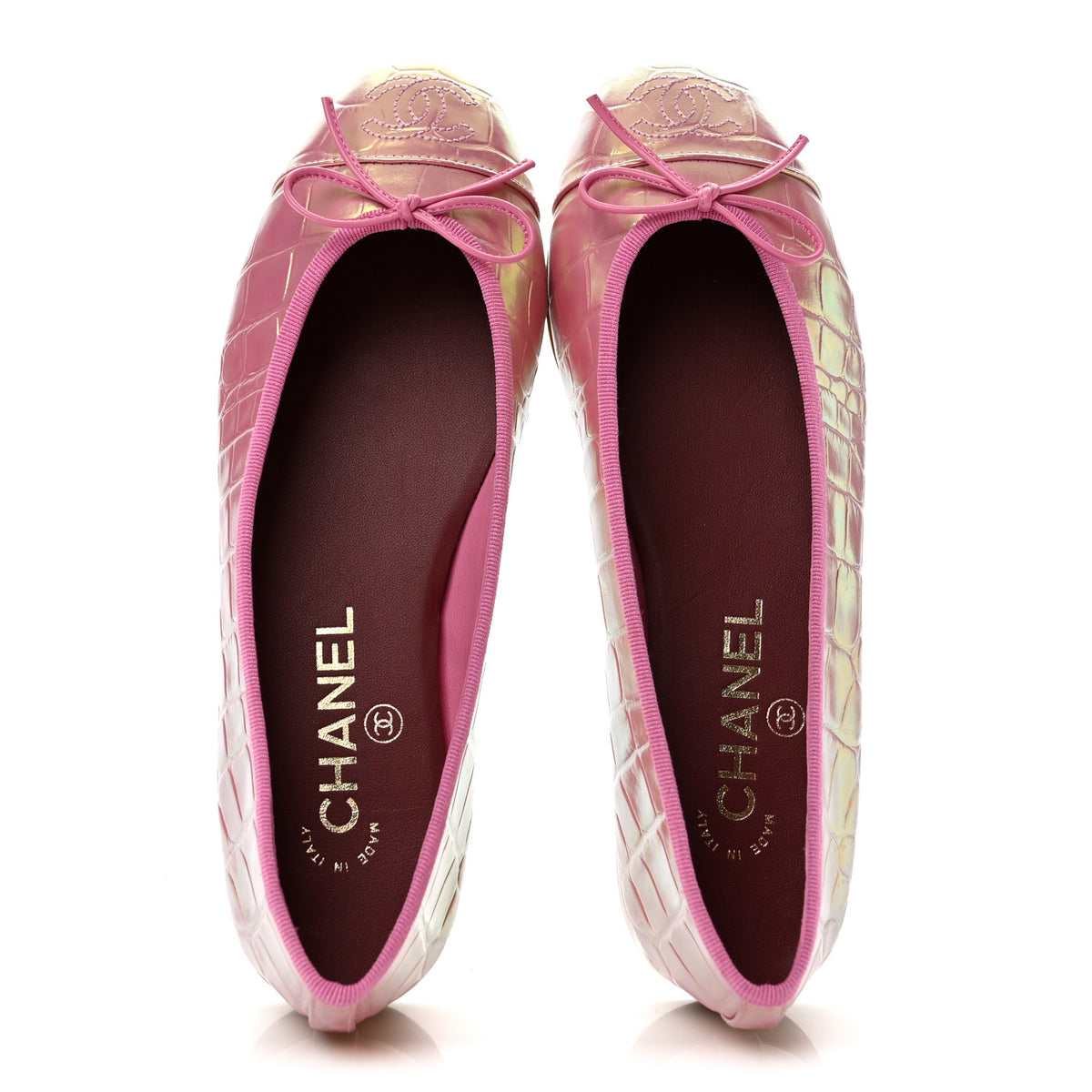 Iridescent Calfskin Crocodile Embossed Ballerina Flats 37 Pink