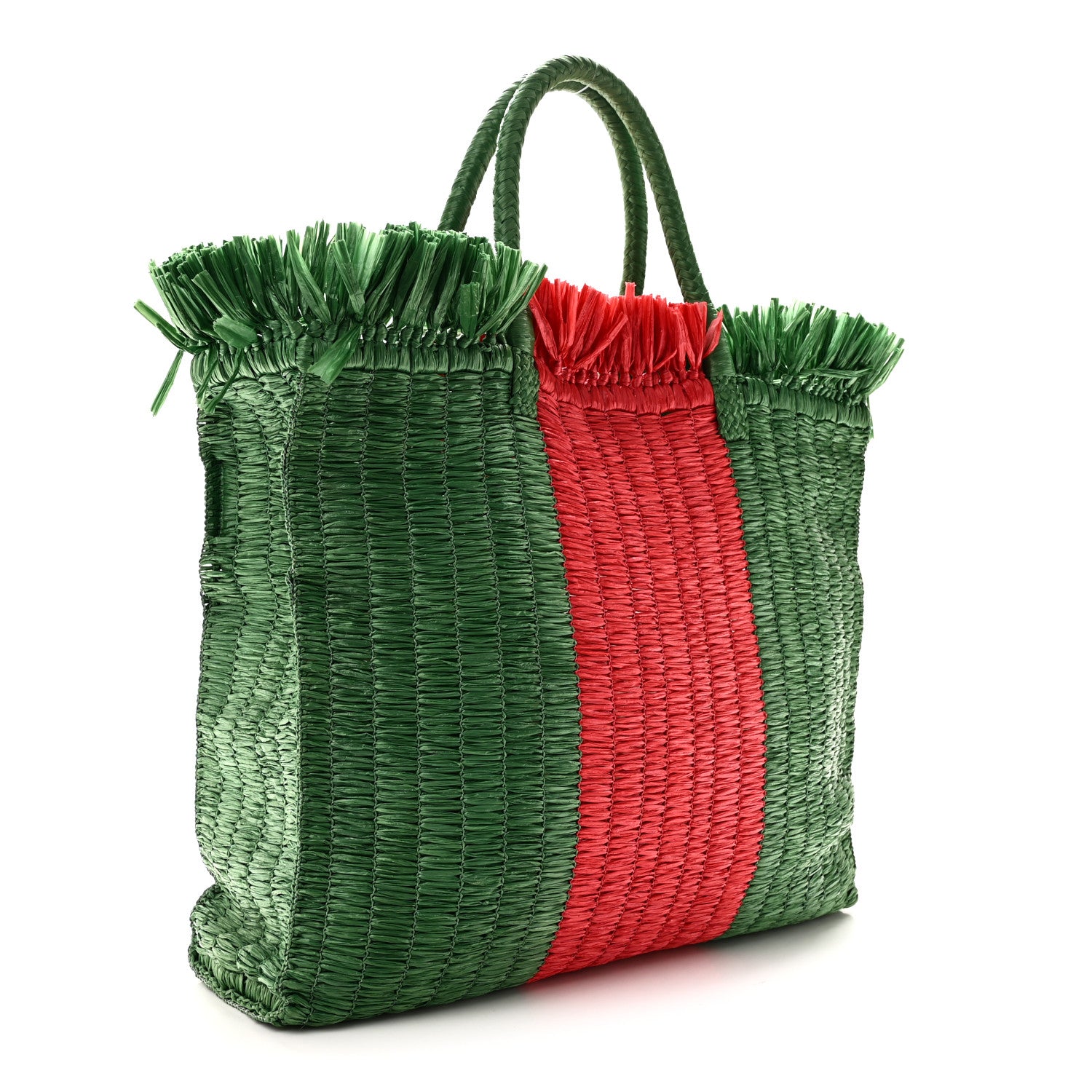 Gucci Raffia Linen Web Cestino Tote Bag Red Green 3 of 11