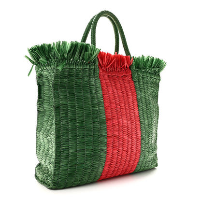 Gucci Raffia Linen Web Cestino Tote Bag Red Green 3 of 11