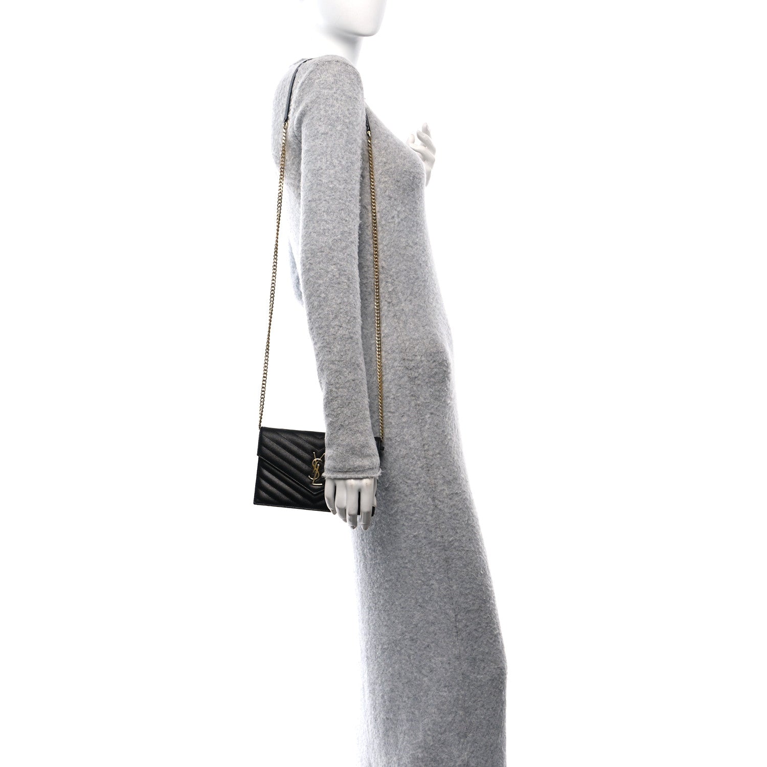 Saint Laurent Grain De Poudre Matelasse Chevron Monogram Envelope Chain Wallet Black 2 of 9
