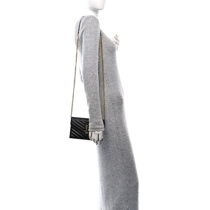 Saint Laurent Grain De Poudre Matelasse Chevron Monogram Envelope Chain Wallet Black 2 of 9