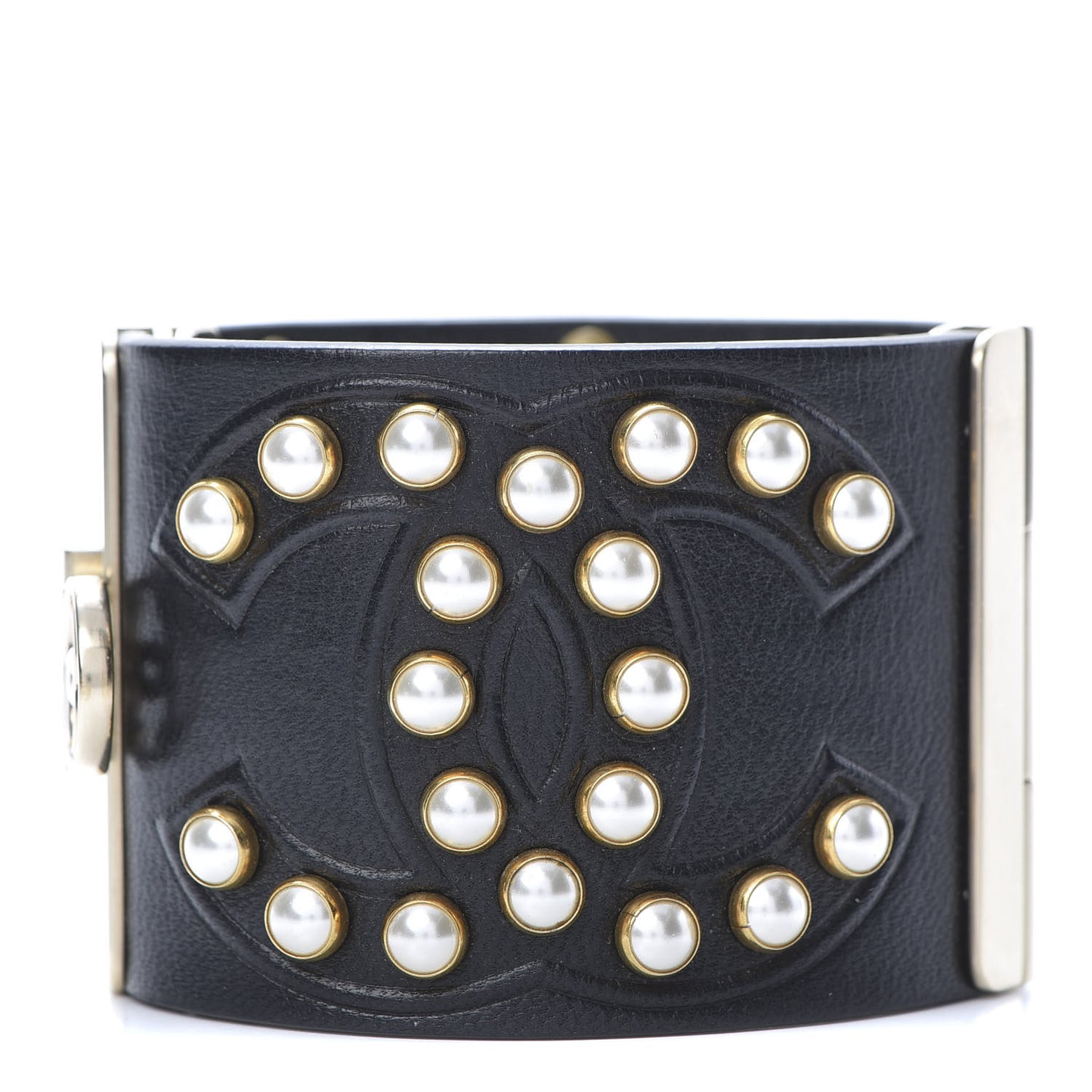 Lambskin Calfskin Pearl CC Cuff Bracelet Black Gold