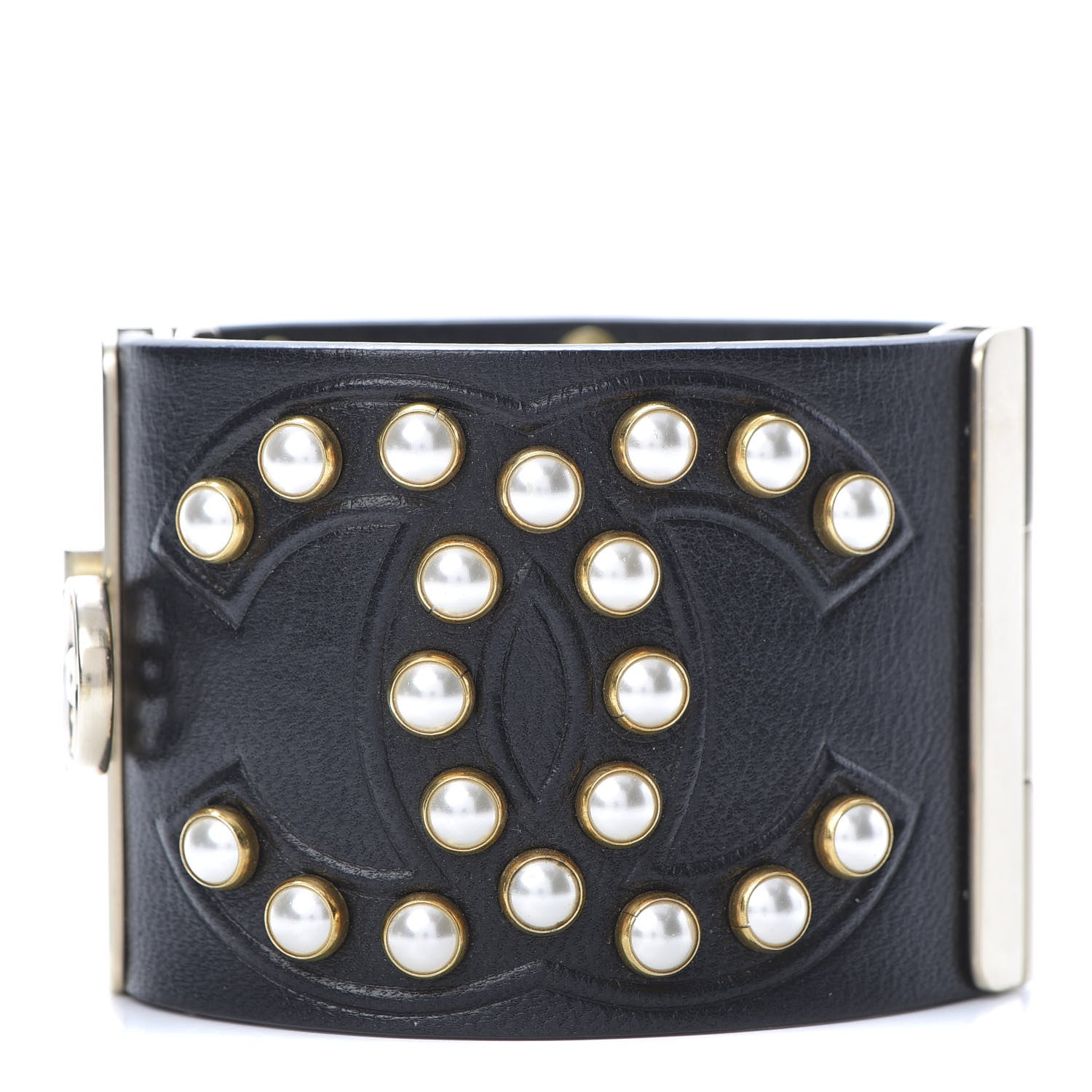 Chanel Lambskin Calfskin Pearl CC Cuff Bracelet Black Gold 1 of 7