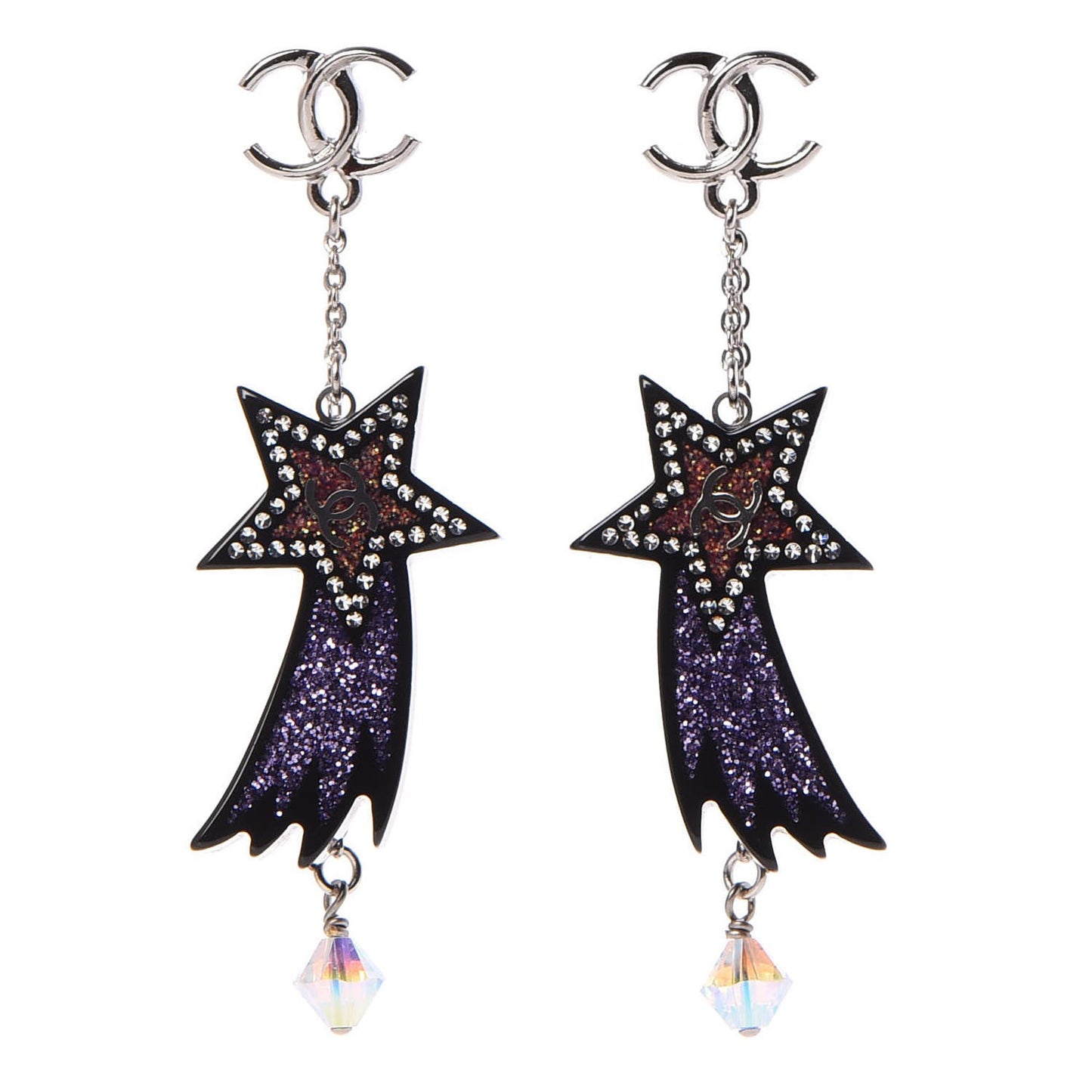 Resin Crystal CC Shooting Star Dangle Earrings Silver Purple