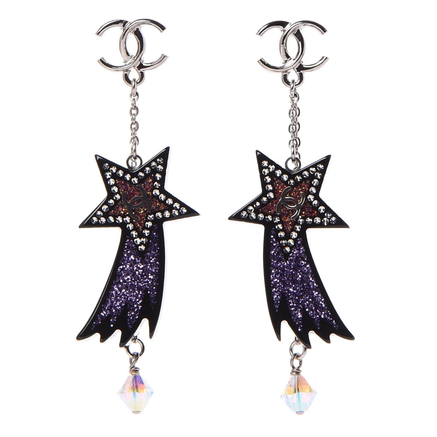 Chanel Resin Crystal CC Shooting Star Dangle Earrings Silver Purple 1 of 4