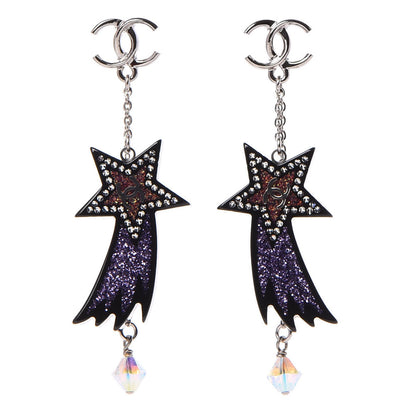 Chanel Resin Crystal CC Shooting Star Dangle Earrings Silver Purple 1 of 4