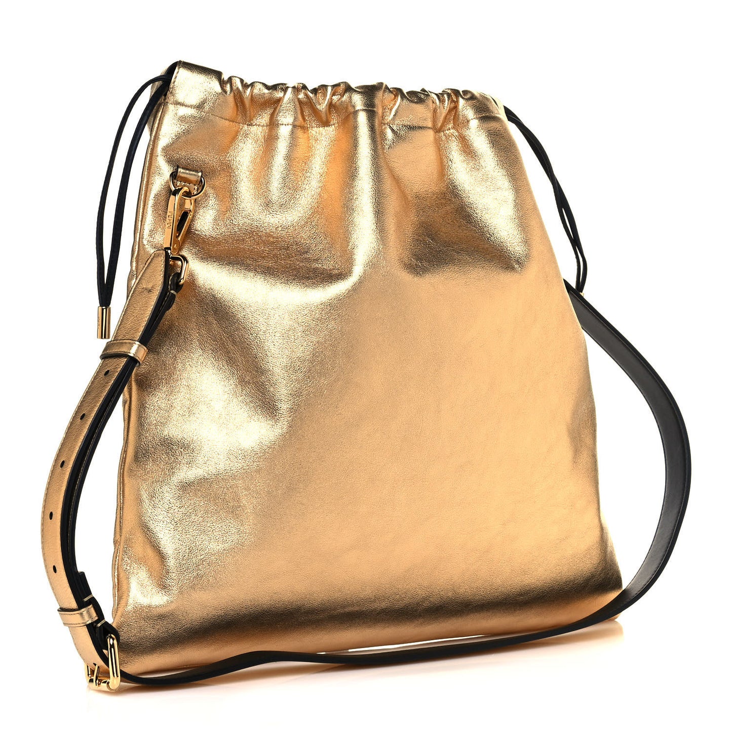 Laminated Calfskin Medium Drawstring Pouch Bag Oro Black