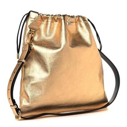 Fendi Laminated Calfskin Medium Drawstring Pouch Bag Oro Black 3 of 14