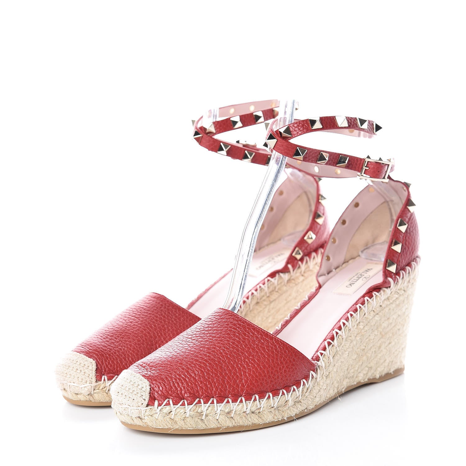 Valentino Garavani Grained Calfskin Rockstud Ankle Wrap Espadrille 15/85mm Wedges 41 Rosso Valentino Natural 3 of 7