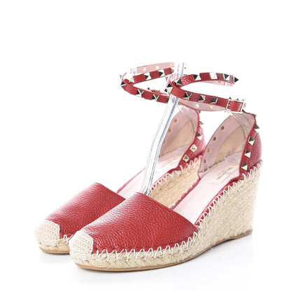 Valentino Garavani Grained Calfskin Rockstud Ankle Wrap Espadrille 15/85mm Wedges 41 Rosso Valentino Natural 3 of 7
