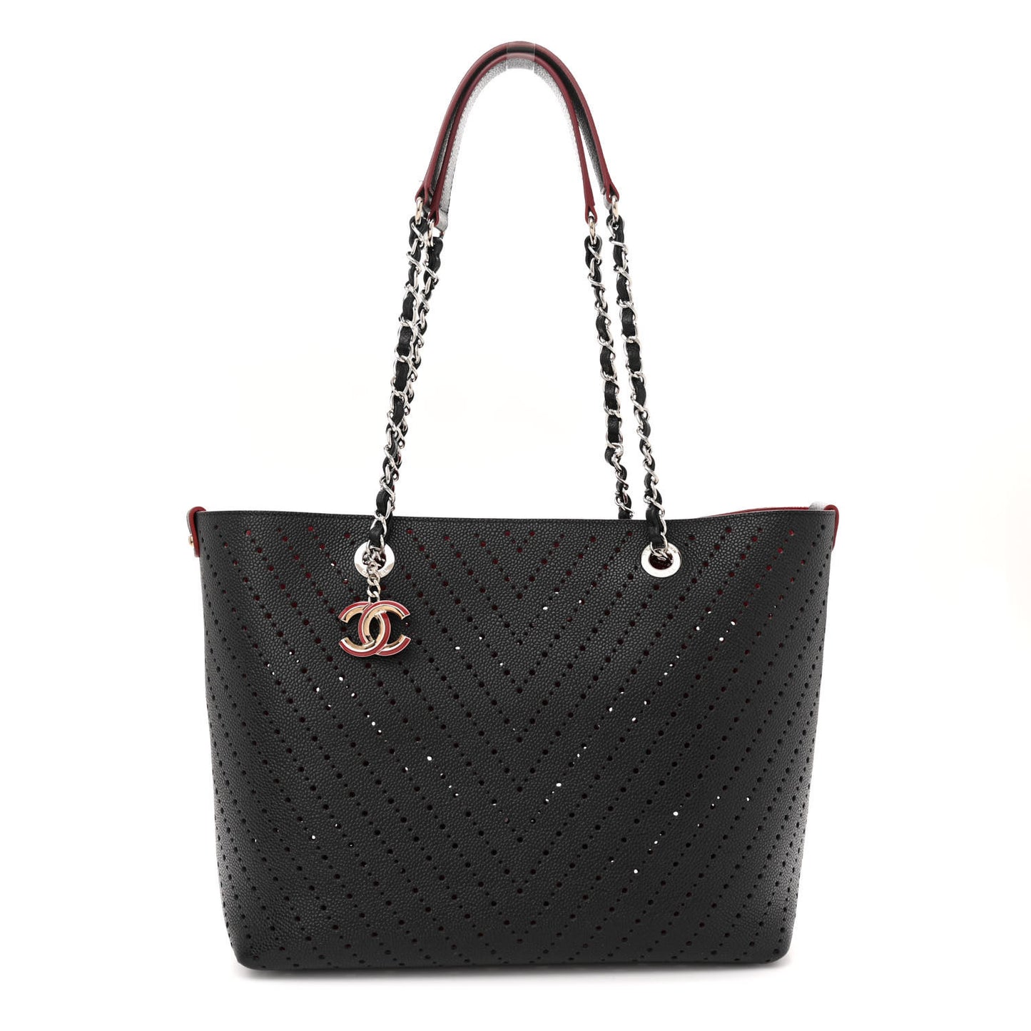 Perforated Grained Calfskin Large Shopping Tote Black
