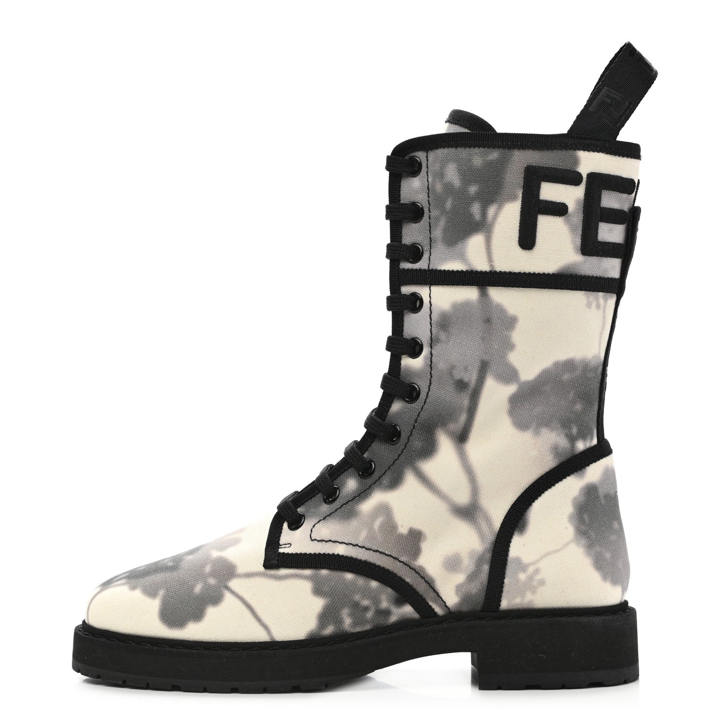Fendi Canvas Floral Print Logo Bi-Color Womens Biker Boots 37.5 White Black 1 of 8
