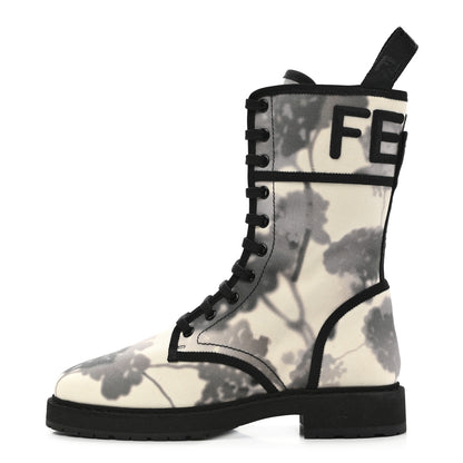 Fendi Canvas Floral Print Logo Bi-Color Womens Biker Boots 37.5 White Black 1 of 8