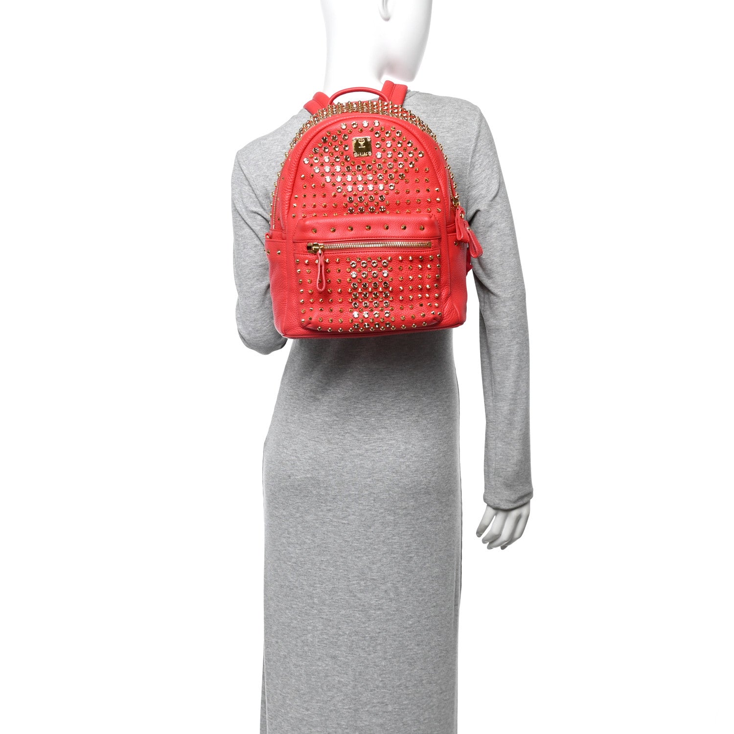 MCM Grainy Lambskin Crystal Studded Small Stark Backpack Red 2 of 10