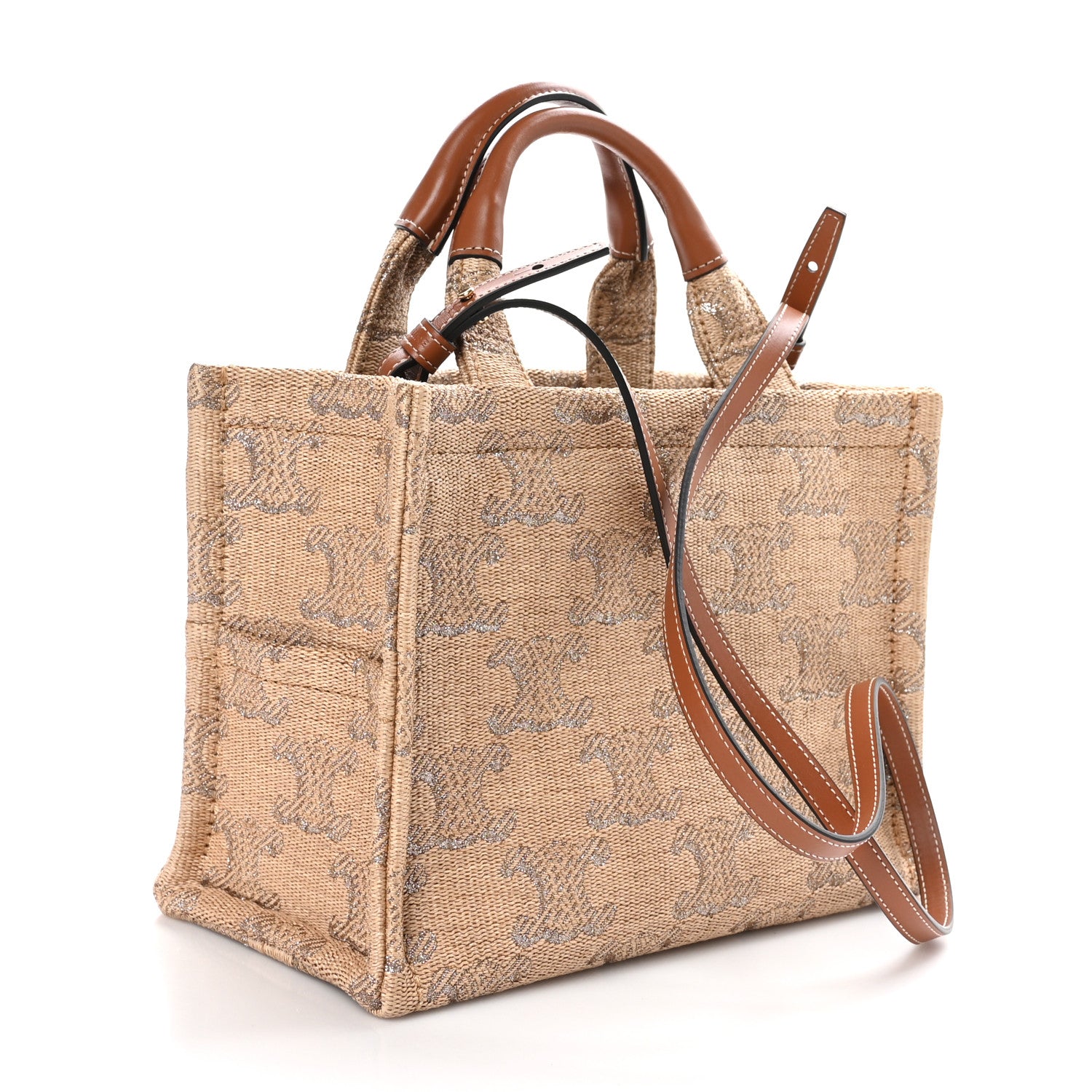 Celine Raffia Effect Calfskin Triomphe Jacquard Small Cabas Thais Natural Silver 3 of 9