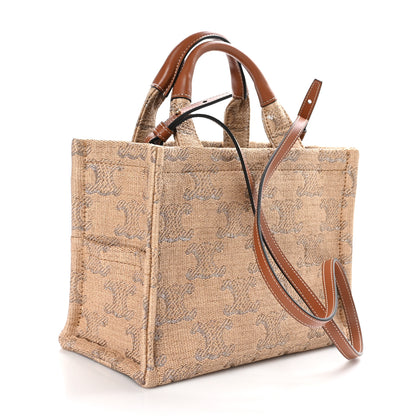 Celine Raffia Effect Calfskin Triomphe Jacquard Small Cabas Thais Natural Silver 3 of 9