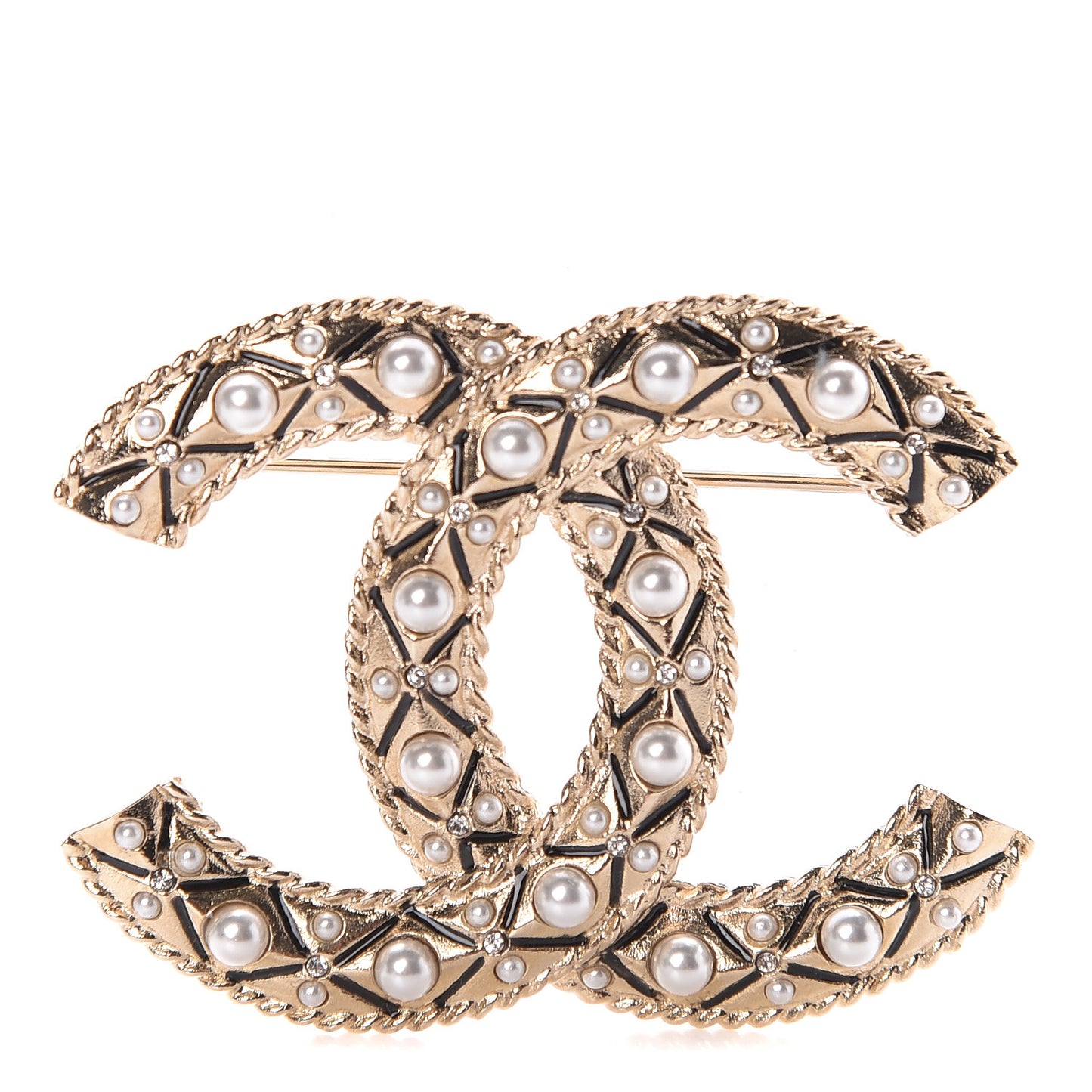 Pearl Crystal CC Brooch Gold
