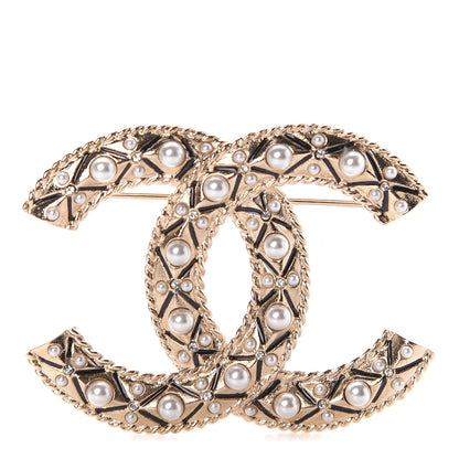Chanel Pearl Crystal CC Brooch Gold 1 of 4