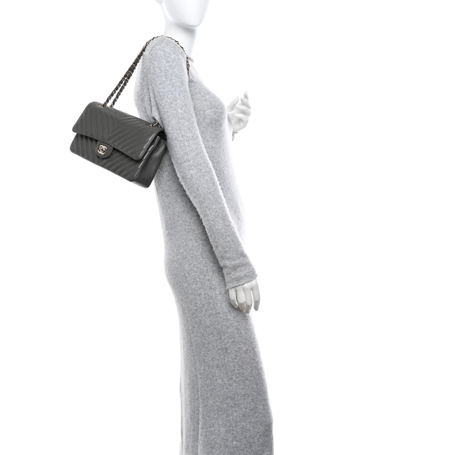 Chanel Caviar Chevron Quilted Medium Double Flap Dark Grey 2 of 11
