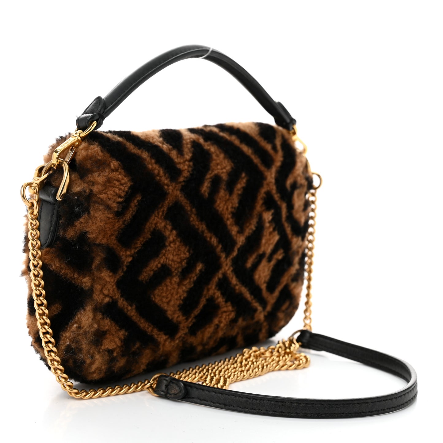 Shearling Vitello Dolce Macro FF 1974 Mini Baguette Tobacco Black