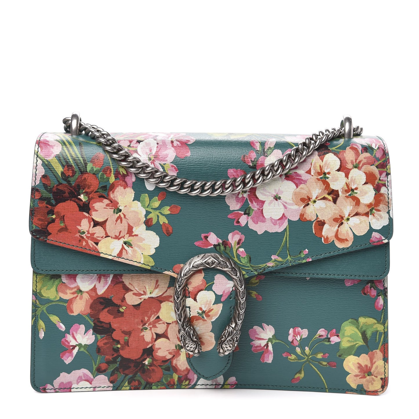Calfskin Blooms Print Medium Dionysus Shoulder Bag Bright Emerald Multicolor