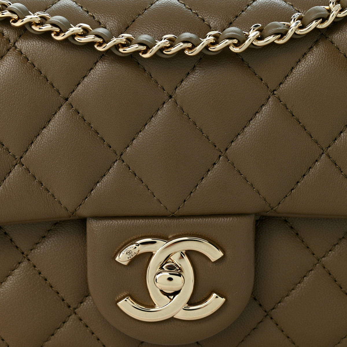 Lambskin Quilted Mini Rectangular CC Slide Flap Dark Khaki