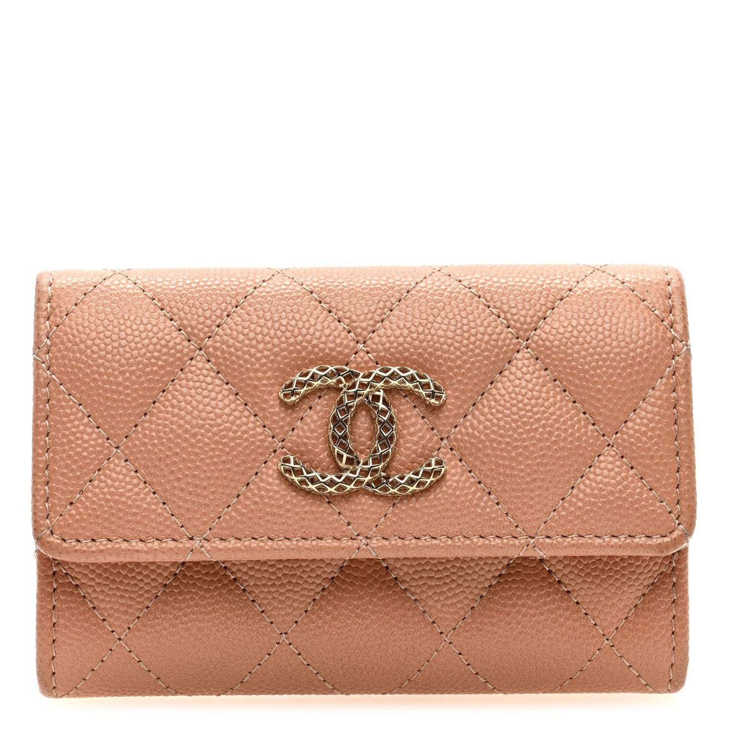 Chanel Caviar Metal Perforated Quilted CC Flap Card Holder Beige 1 of 7
