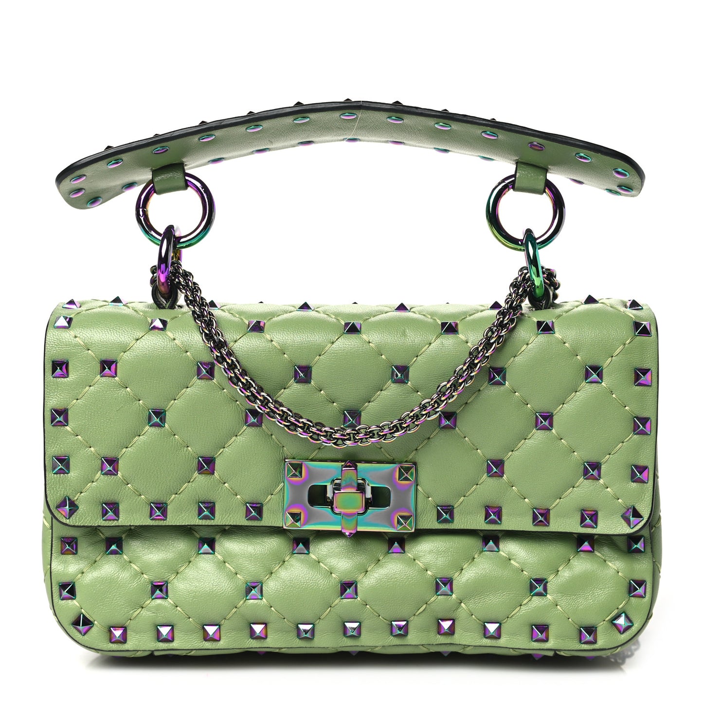 Lambskin Oil Slick Rockstud Spike Shoulder Bag Green