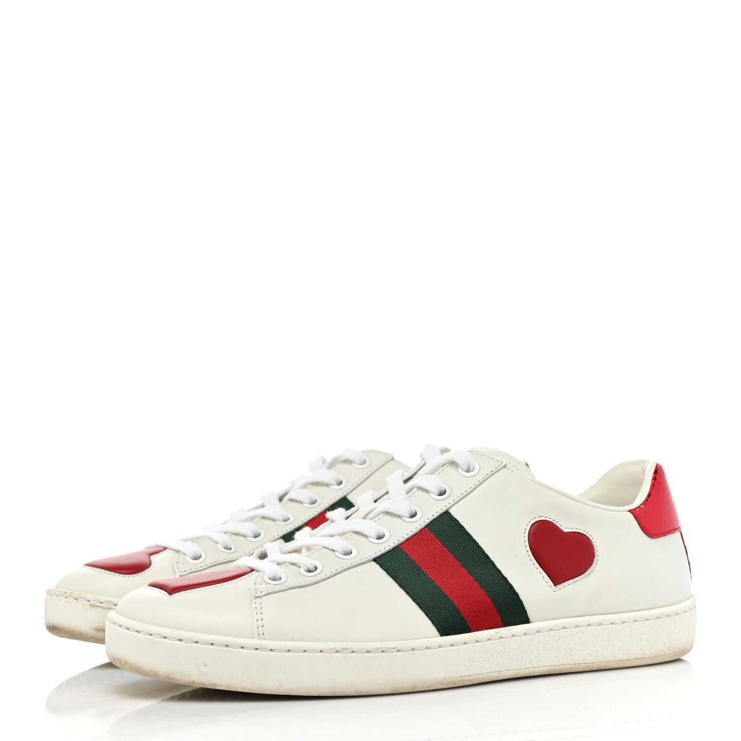 Calfskin Web Heart Embroidered Womens Ace Sneakers 38 White