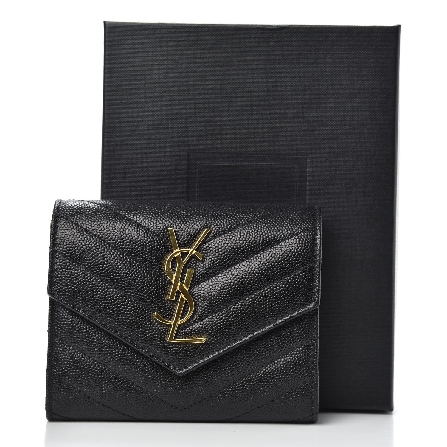 Saint Laurent Grain De Poudre Matelasse Chevron Monogram Compact Tri Fold Wallet Black 7 of 7