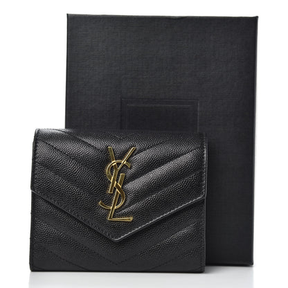 Saint Laurent Grain De Poudre Matelasse Chevron Monogram Compact Tri Fold Wallet Black 7 of 7