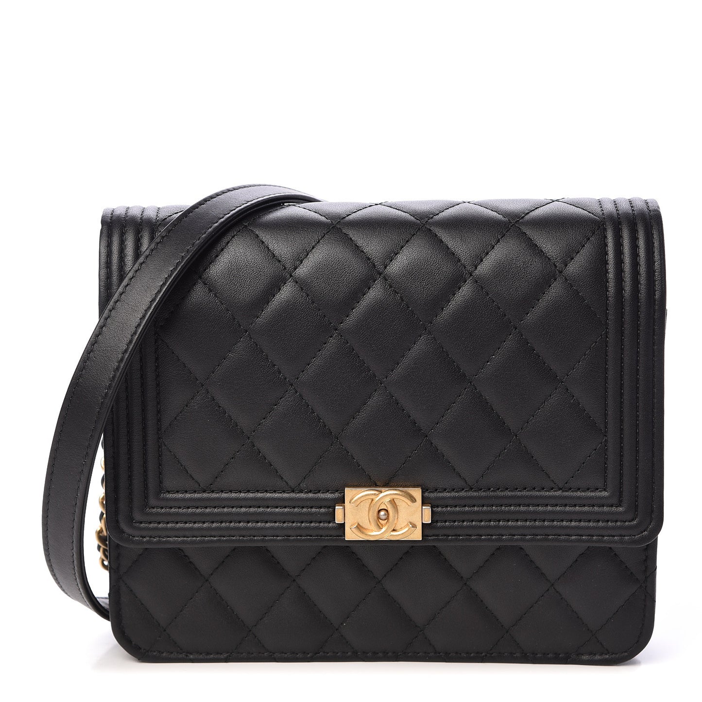 Calfskin Quilted Boy Square Wallet on Chain WOC Black