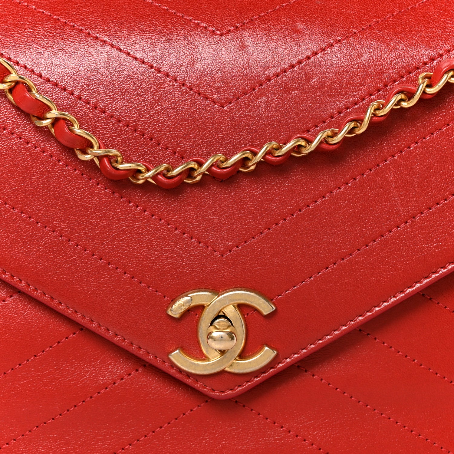 Chanel Lambskin Chevron Stitched Envelope Flap Bag Red 11 of 13