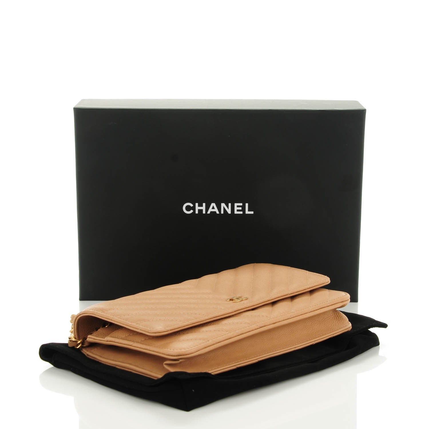 Chanel Calfskin Chevron Quilted Wallet On Chain WOC Beige 4 of 8