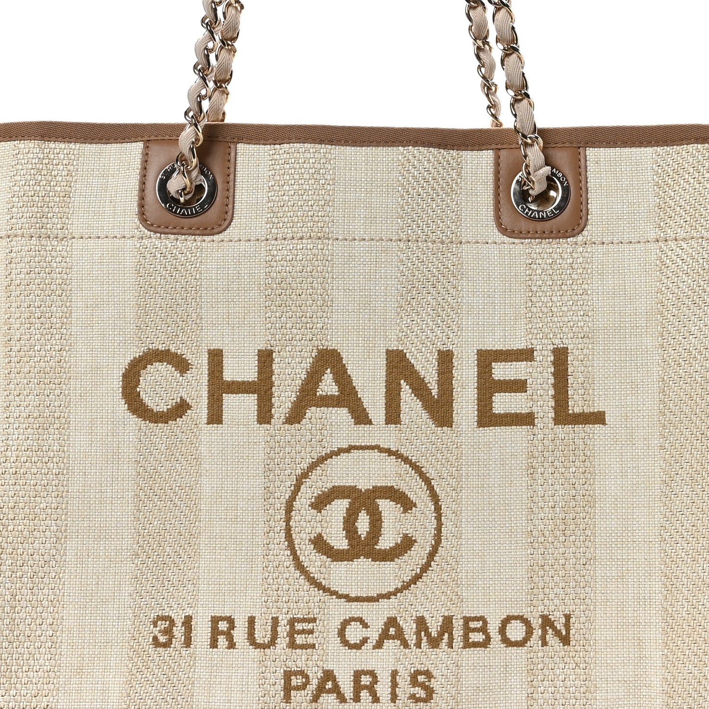Mixed Fibers Calfskin Striped Small Deauville Tote Beige