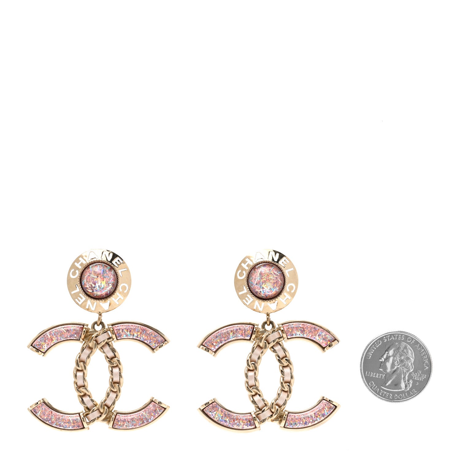 Chanel Glitter Lambskin Metal Chain CC Drop Earrings Pink Gold 2 of 4
