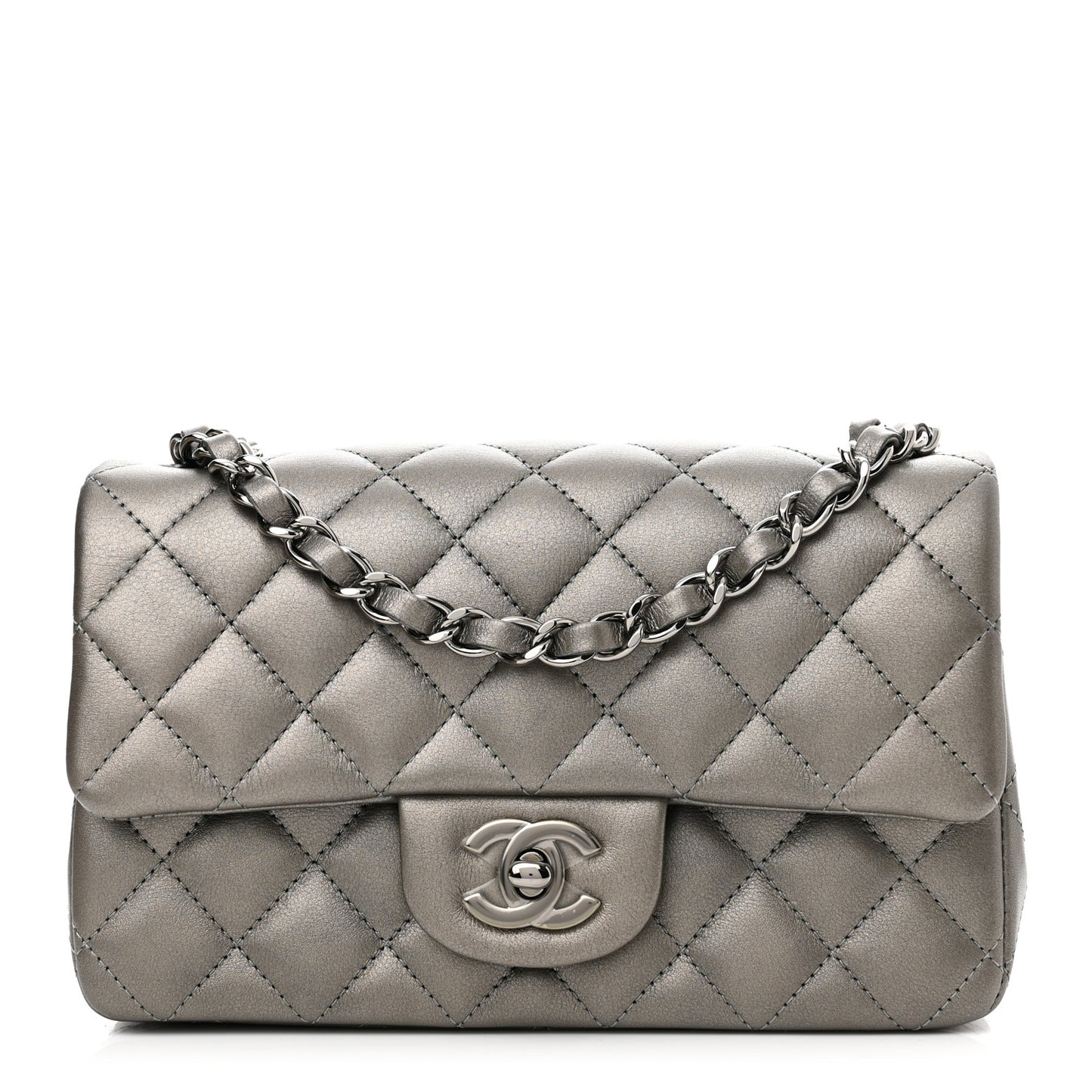 Metallic Lambskin Quilted Mini Rectangular Flap Ruthenium