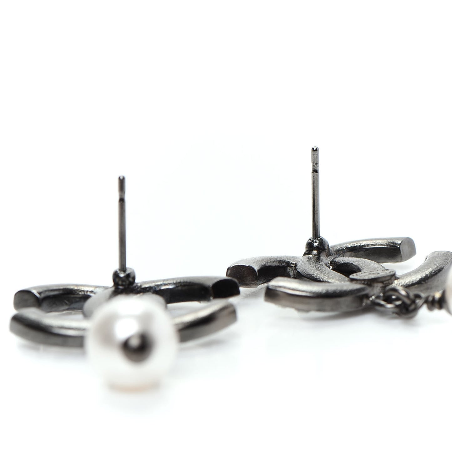 Baguette Crystal Pearl CC Drop Earrings Ruthenium