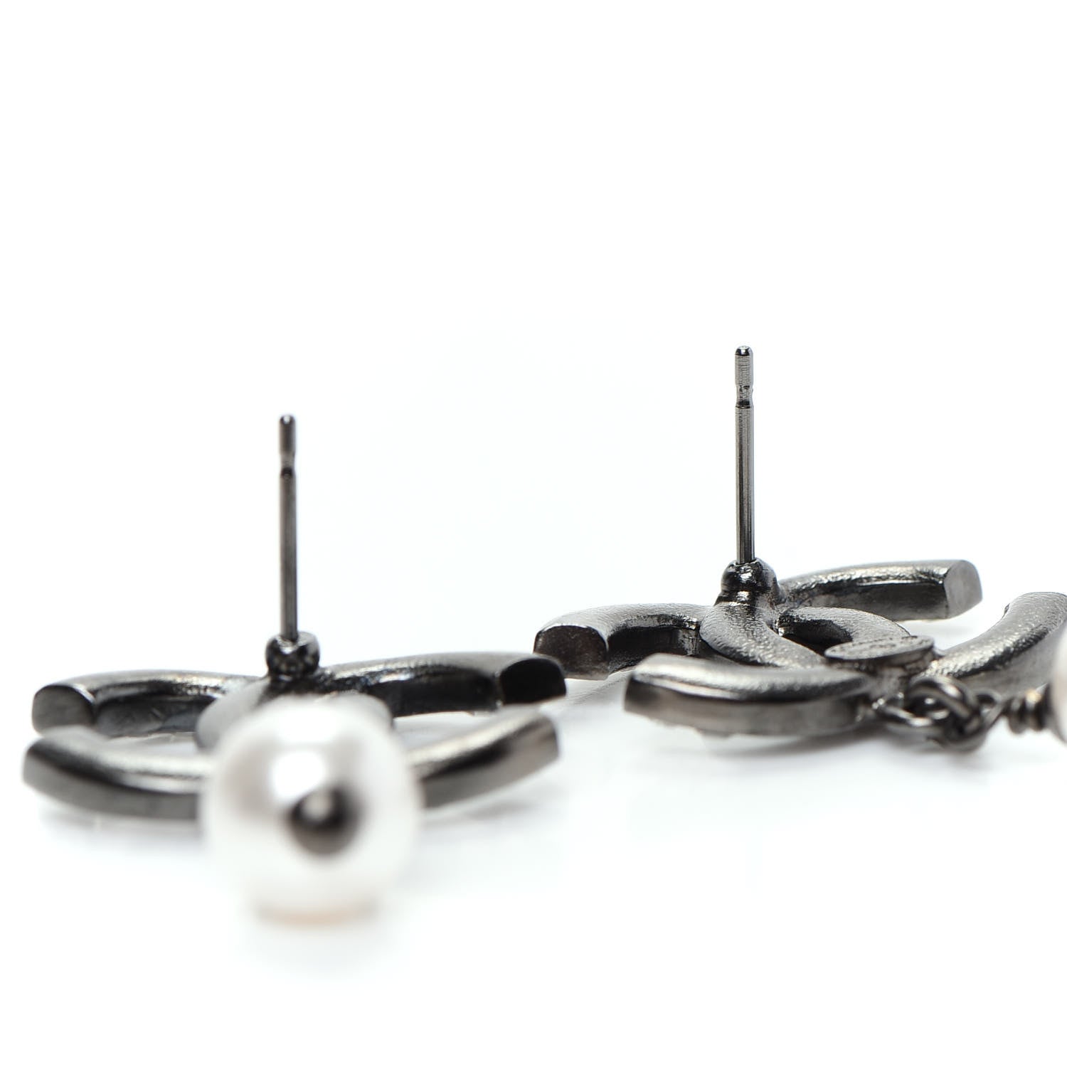 Chanel Baguette Crystal Pearl CC Drop Earrings Ruthenium 4 of 6